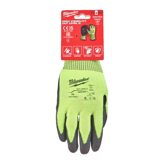 Рукавиці робочі сигнальні Hi-Vis MILWAUKEE, з опором порізам 4/D рівня, розмір 9/L (4932479928)