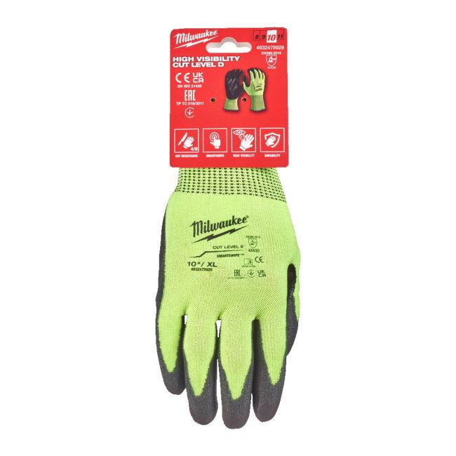 Рукавиці робочі сигнальні Hi-Vis MILWAUKEE, з опором порізам 4/D рівня, розмір 10/XL (4932479929)