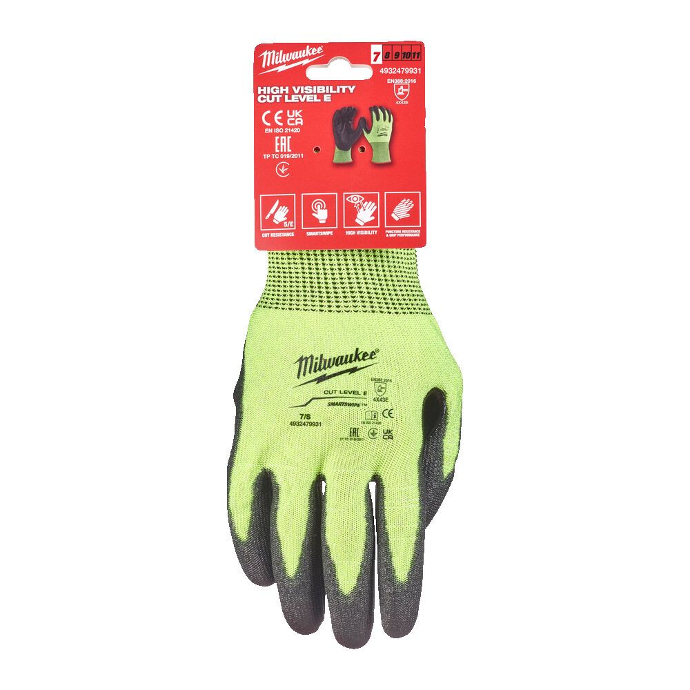 Рукавиці робочі сигнальні Hi-Vis MILWAUKEE, з опором порізам 5/E рівня, розмір 7/S (4932479931)