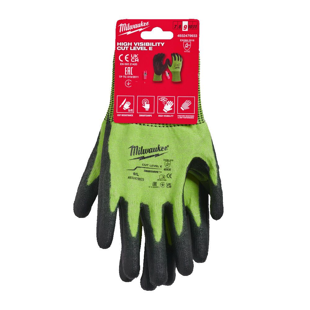 Рукавиці робочі сигнальні Hi-Vis MILWAUKEE, з опором порізам 5/E рівня, розмір 9/L (4932479933)