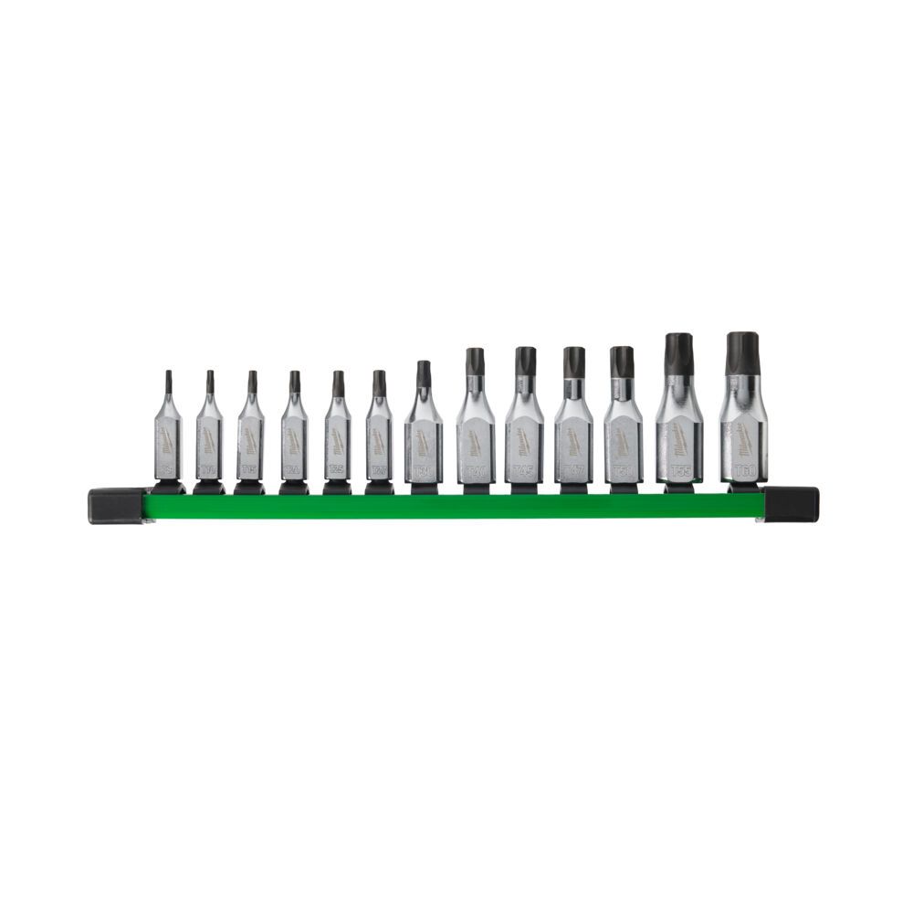 Набір головок торцевих хромованих 1/4'' и 3/8'' MILWAUKEE, з бітой Torx (T8-T60) на планці, (13шт) (4932480565)
