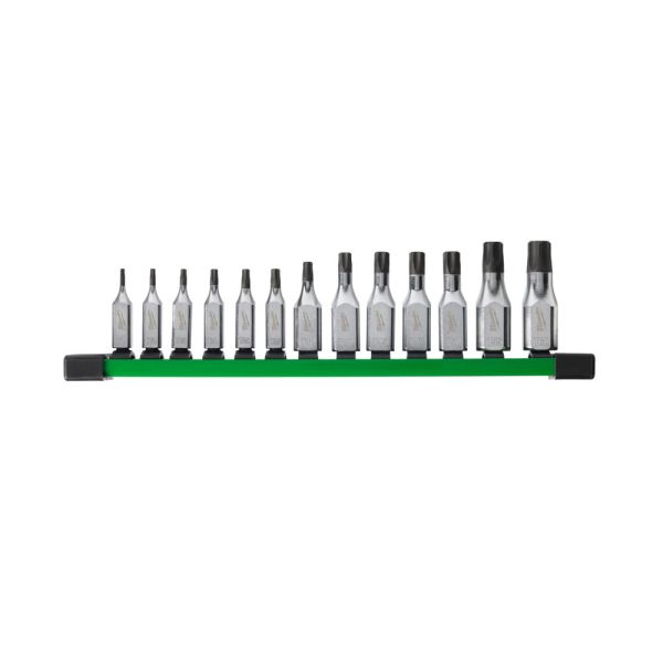 Набір головок торцевих хромованих 1/4'' и 3/8'' MILWAUKEE, з бітой Torx (T8-T60) на планці, (13шт) (4932480565)