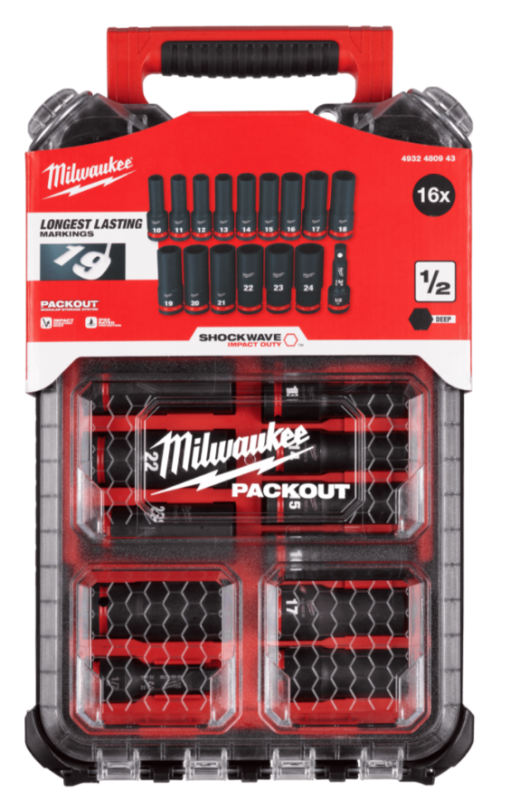 Набір головок ударних ShW 1/2" STD PACKOUT MILWAUKEE, подовжених, (10-24мм) (16шт) пластиковий органайзер (4932480943)