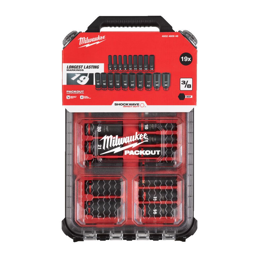 Набор головок ударних ShW 3/8" STD PACKOUT MILWAUKEE, подовжених, (6-24) (19шт) пластиковий органайзер (4932480946)