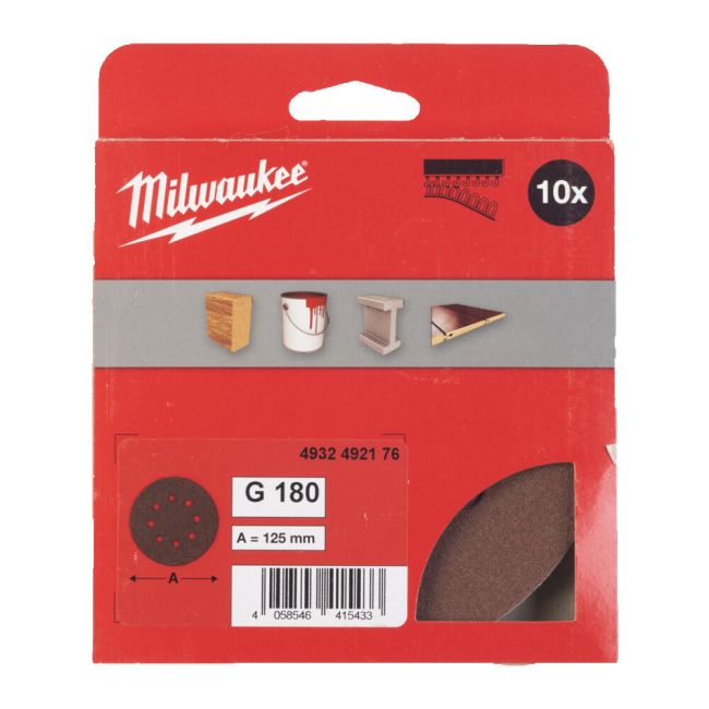Папір шліфувальний MILWAUKEE діаметр 125/8 HL, зерно 180, (10шт) (4932492176)