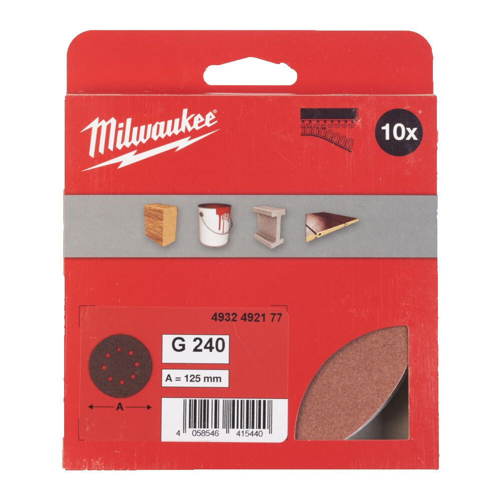 Папір шліфувальний MILWAUKEE діаметр 125/8 HL, зерно 240, (10шт) (4932492177)