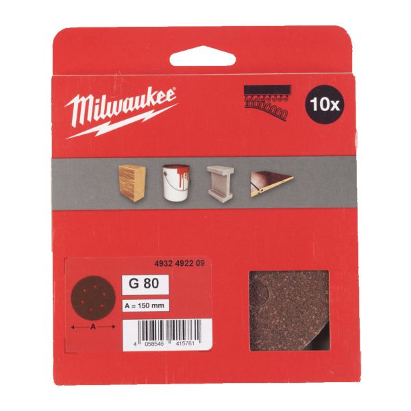 Папір шліфувальний MILWAUKEE діаметр 150мм//6 HL, зерно 80, (10шт) (4932492209)