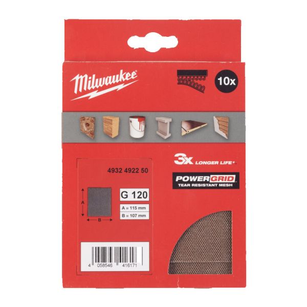 Сітка шліфувальна PG Mesh HL MILWAUKEE, 115х107мм, зерно 120, (10шт) (4932492250)