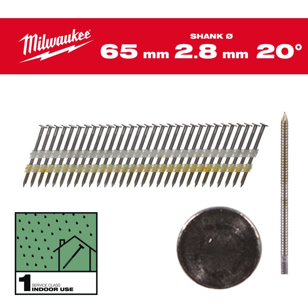 Цвяхи з кільцевою накаткою та круглою головкою MILWAUKEE, 2,8х7,4мм/20 градусів/65мм (2000шт) (4932492587)