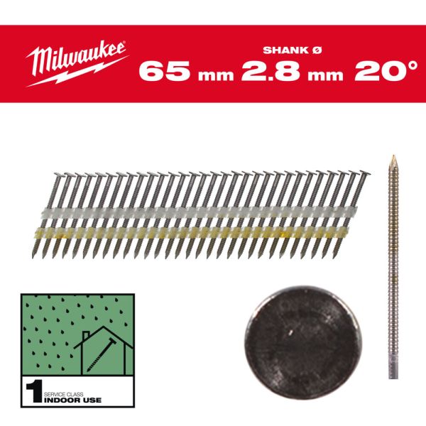 Цвяхи з кільцевою накаткою та круглою головкою MILWAUKEE, 2,8х7,4мм/20 градусів/65мм (2000шт) (4932492587)
