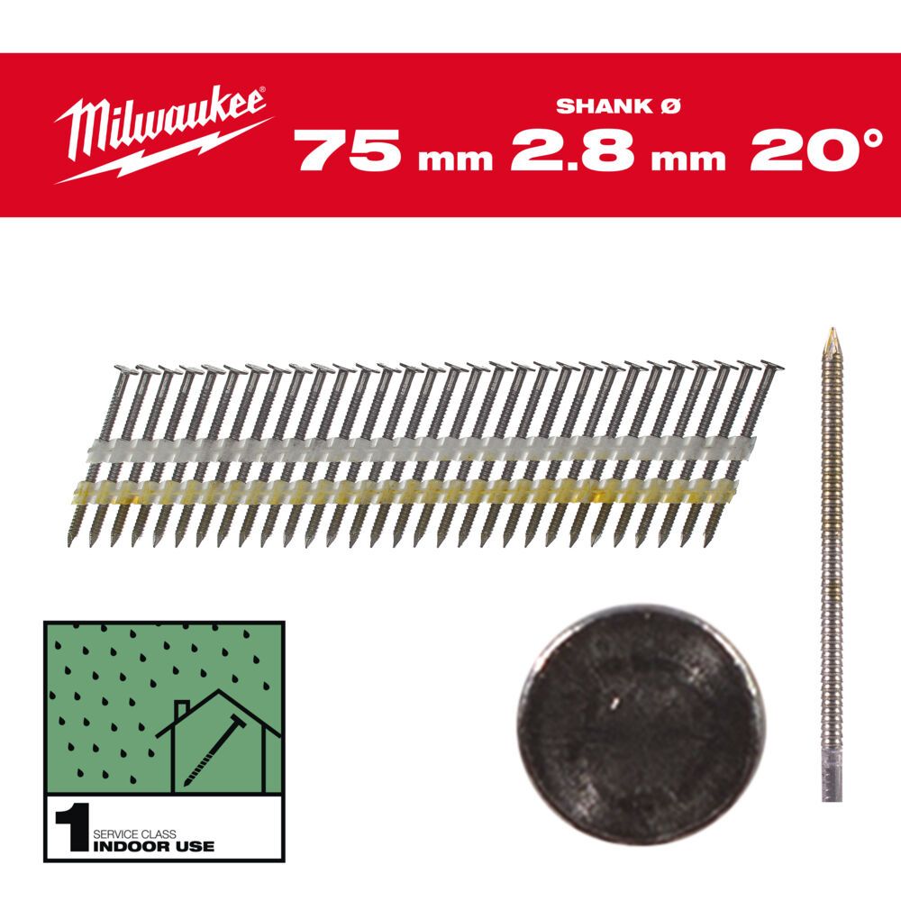 Цвяхи з кільцевою накаткою та круглою головкою MILWAUKEE, 2,8х7,4мм/20 градусів/75мм (2000шт) (4932492588)