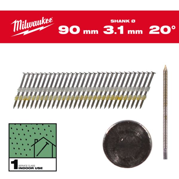 Цвяхи з кільцевою накаткою та круглою головкою MILWAUKEE, 3,1х7,4мм/20 градусів/90мм (1750шт) (4932492590)