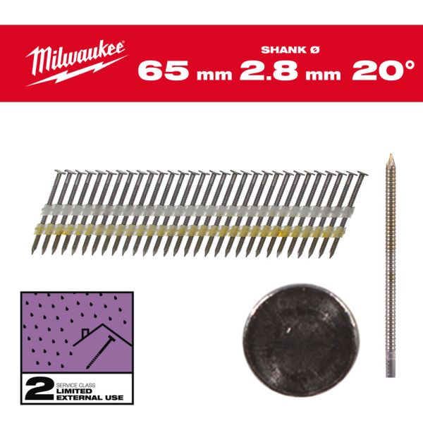 Цвяхи оцинковані з кільцевою накаткою та круглою головкою MILWAUKEE 2,8х7,4мм/20 градусів/65мм (2000шт) (4932492591)