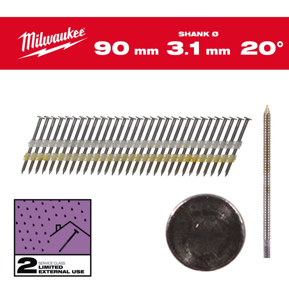 Цвяхи оцинковані з кільцевою накаткою та круглою головкою MILWAUKEE 3,1х7,4мм/20 градусів/90мм (1750шт) (4932492594)
