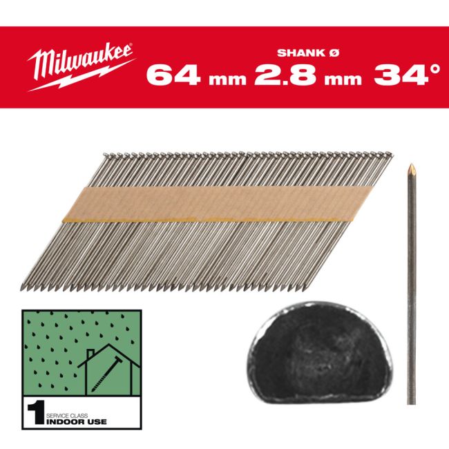 Цвяхи з D-образною головкою MILWAUKEE, 2,8/34 градуси/50мм (2200шт) (4932492596)