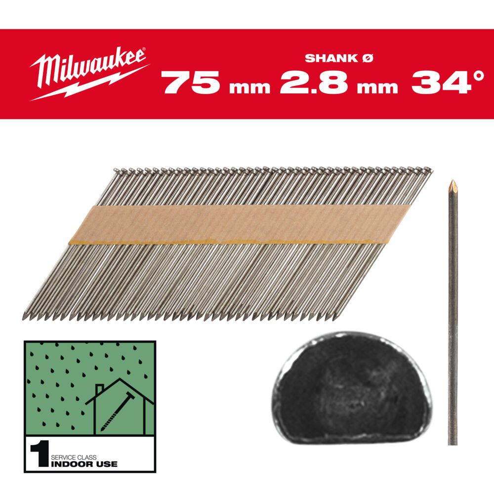 Цвяхи з D-образною головкою MILWAUKEE, 2,8/34 градуси/75мм (2200шт) (4932492597)