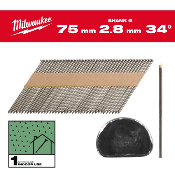 Цвяхи з D-образною головкою MILWAUKEE, 2,8/34 градуси/75мм (2200шт) (4932492597)