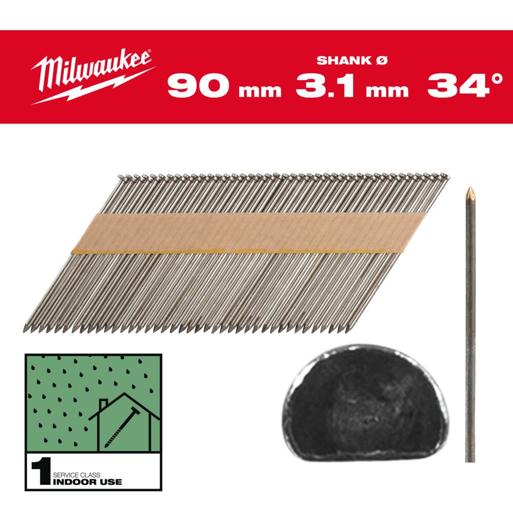 Цвяхи з D-образною головкою MILWAUKEE, 3,1/34 градуси/90мм (2200шт) (4932492598)