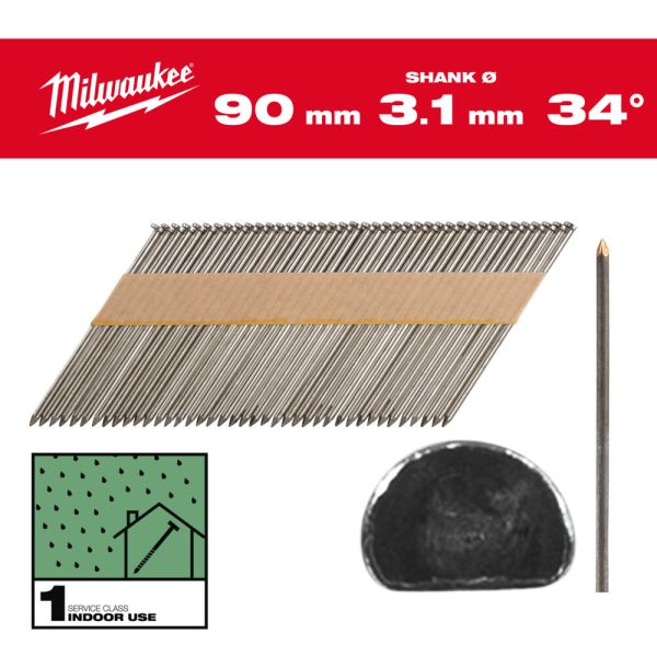 Цвяхи з D-образною головкою MILWAUKEE, 3,1/34 градуси/90мм (2200шт) (4932492598)