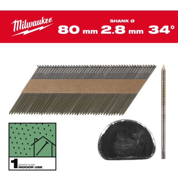 Цвяхи з кільцевою накаткою та D-образною головкою MILWAUKEE, 2,8/34 градуси/80мм (2200шт) (4932492603)