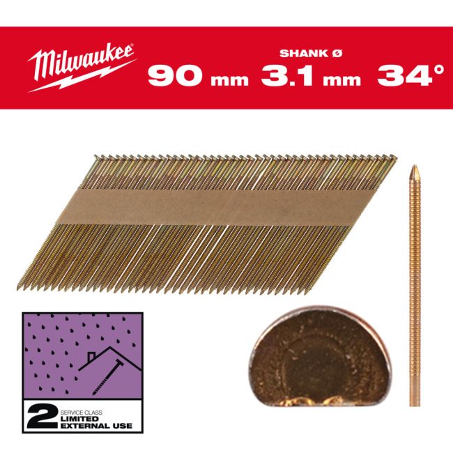 Цвяхи оцинковані з кільцевою накаткою та D-образною головкою MILWAUKEE, 3,1/34 градуси/90мм (2200шт) (4932492612)