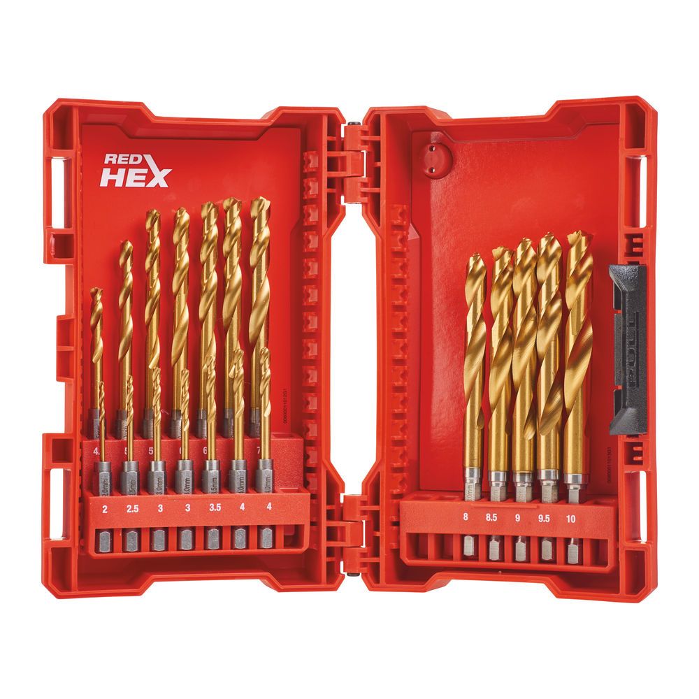 Набір свердел по металу RedHEX SHOCKWAVE HSS-TiN PACKOUT MILWAUKEE, (діаметри 2/2,5/3/3/3,5/ 4/4/4,5/5/5,5/ 6/6,5/7/7,5/8/ 8,5/9 (4932493866)