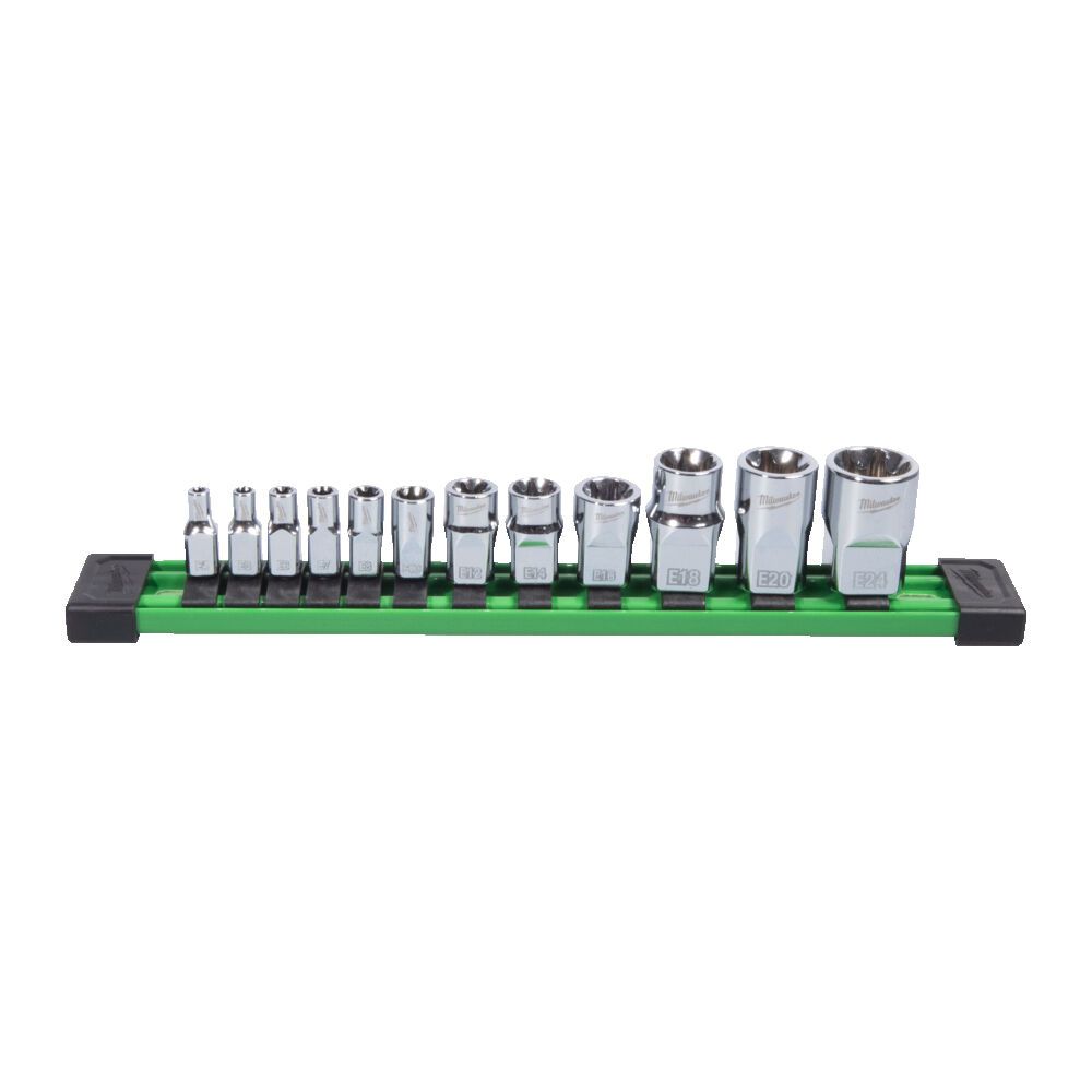 Набір головох хромованих метричних 1/4'',  3/8'', 1/2'' TORX Е-стандарт MILWAUKEE, на планці (13шт) (4932498799)