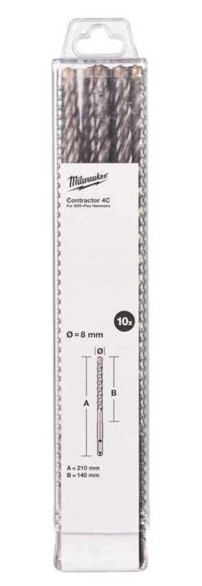 Бур SDS-PLUS 4C Contractor MILWAUKEE, діаметр 8х210х140мм, (10шт) (4932498882)