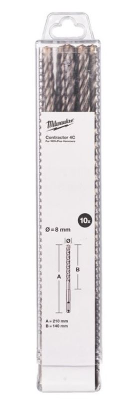 Бур SDS-PLUS 4C Contractor MILWAUKEE, діаметр 8х210х140мм, (10шт) (4932498882)