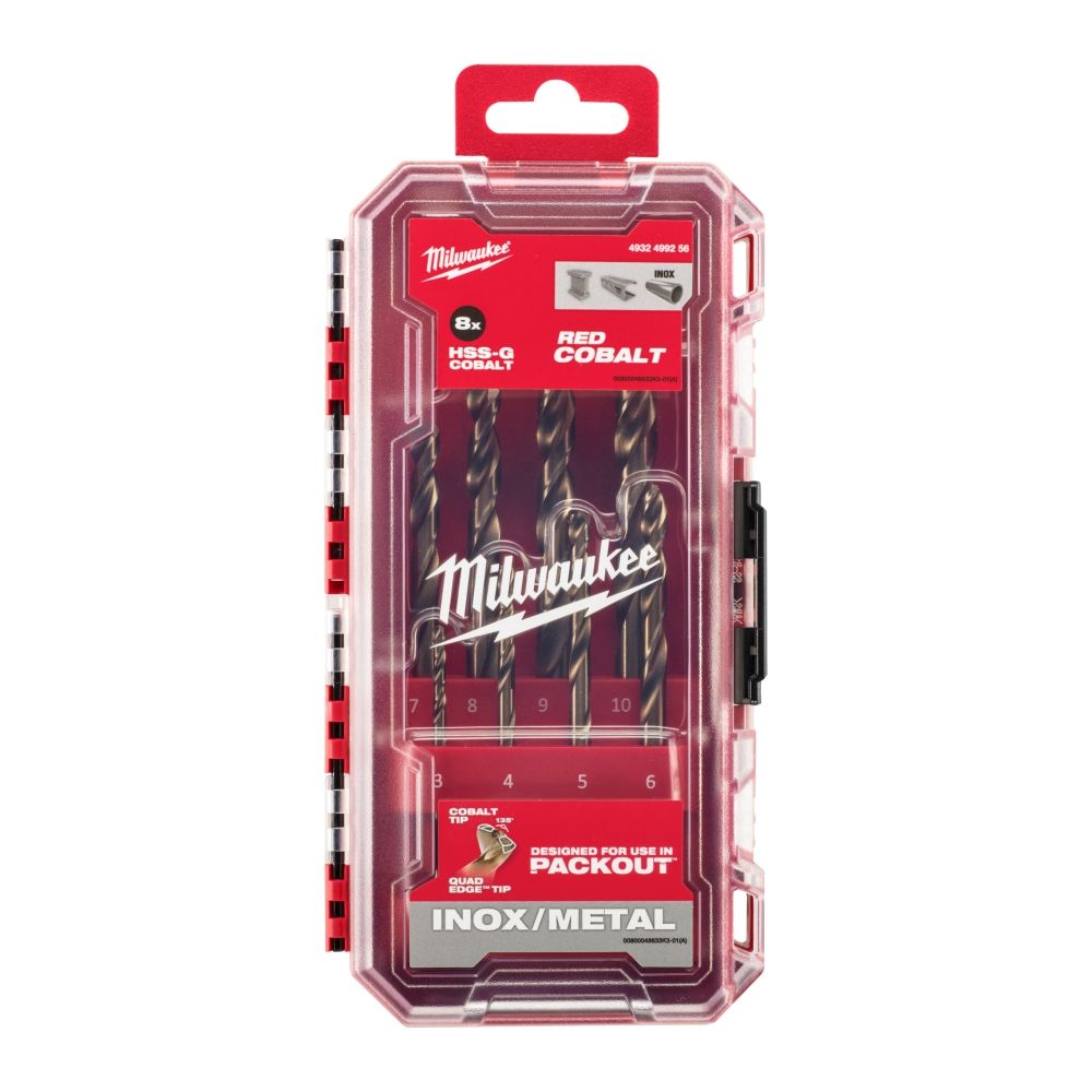 Набір свердел по металу кобальтових HSS-Co PACKOUT MILWAUKEE, DIN338, (діаметри 3/4/5/6/7/8/9/10мм) (8шт) пластиковий кейс (4932499256)