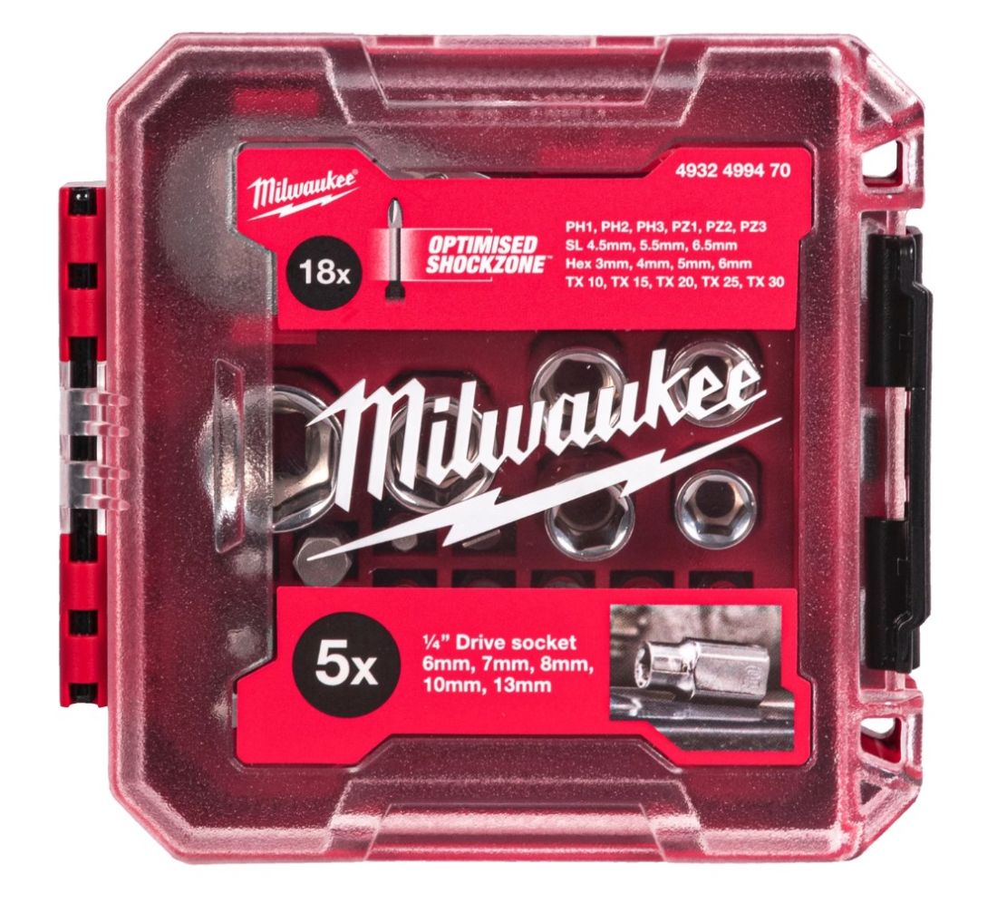 Набір ударних біт, головок з компактною з тріскачкою 1/4" MILWAUKEE, (25шт) пластиковий кейс (4932499470)