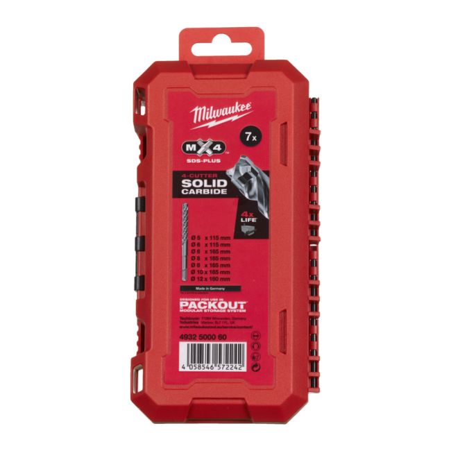 Набір бурів SDS-PLUS MX4 PACKOUT MILWAUKEE, (діаметри 5/6/6/8/8/10/12мм) Set 1, (7шт) пластиковий кейс (4932500060)
