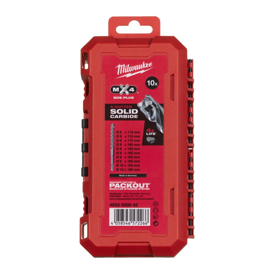 Набір бурів SDS-PLUS MX4 PACKOUT MILWAUKEE, (діаметри 5/6/6/6/6/8/8/8/10/12мм) Set 3, (10шт) пластиковий кейс (4932500062)