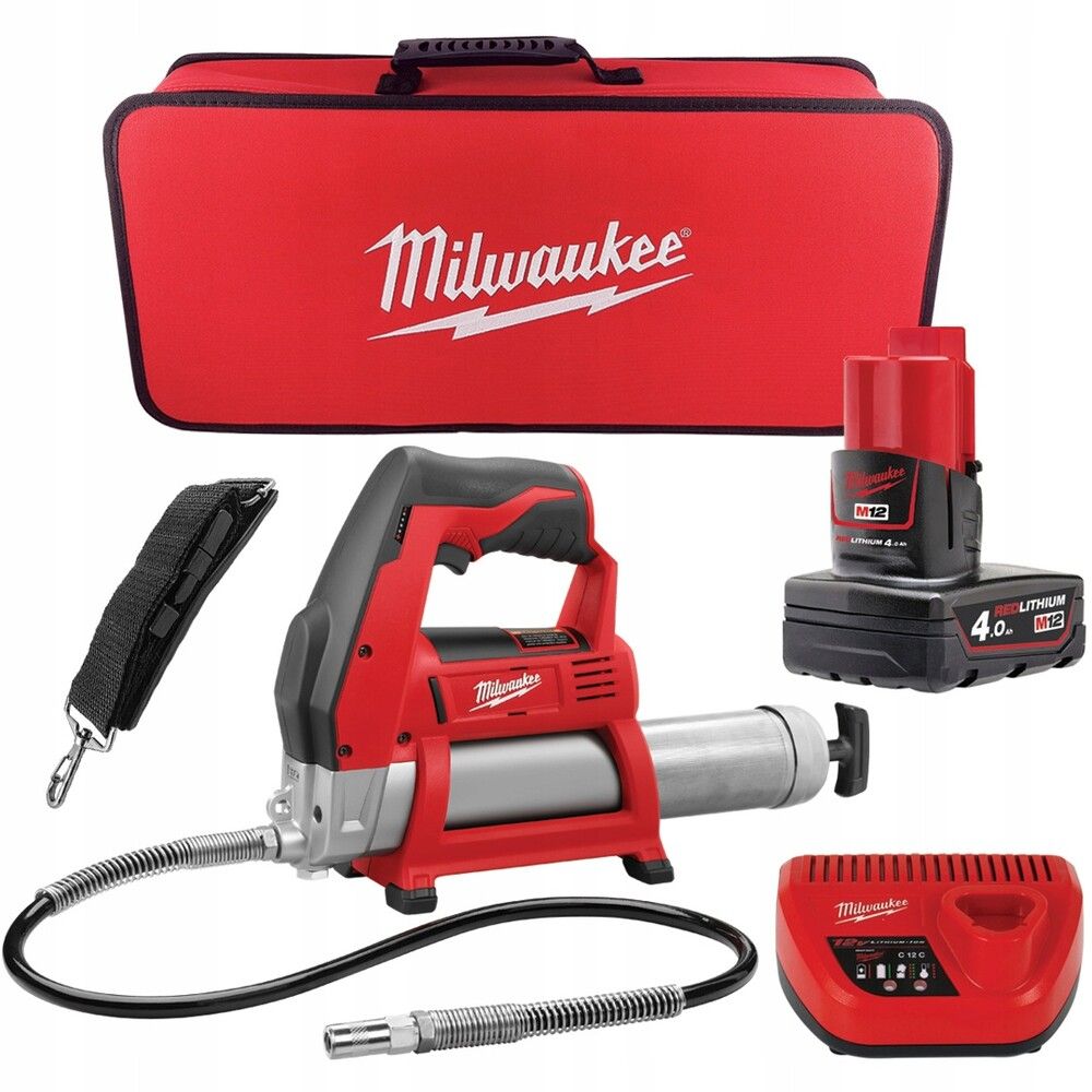 Шприц для змащування акумуляторний MILWAUKEE, M12 GG-401B (зарядний пристрій, 1 акумулятор М12 В4 4Ач, алюмінієва туба, сумка) (4933441675)