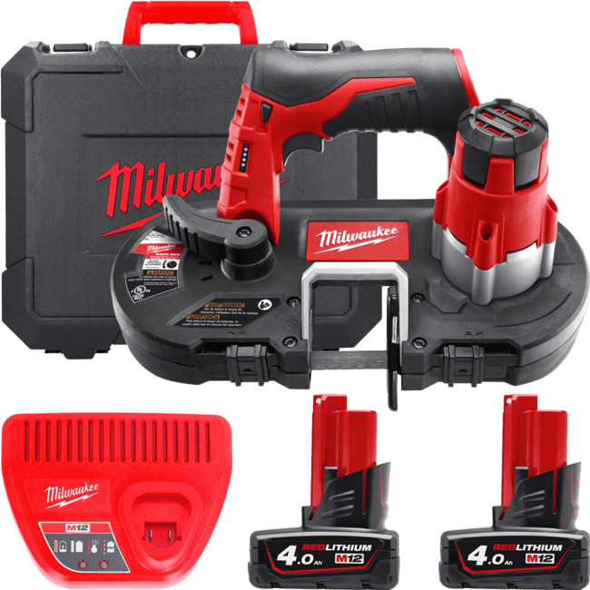 Пила стрічкова акумуляторна MILWAUKEE, M12 BS-402C (зарядний пристрій С12 С, 2 акумулятори М12 В4 4Ач, полотно, кейс) (4933441805)