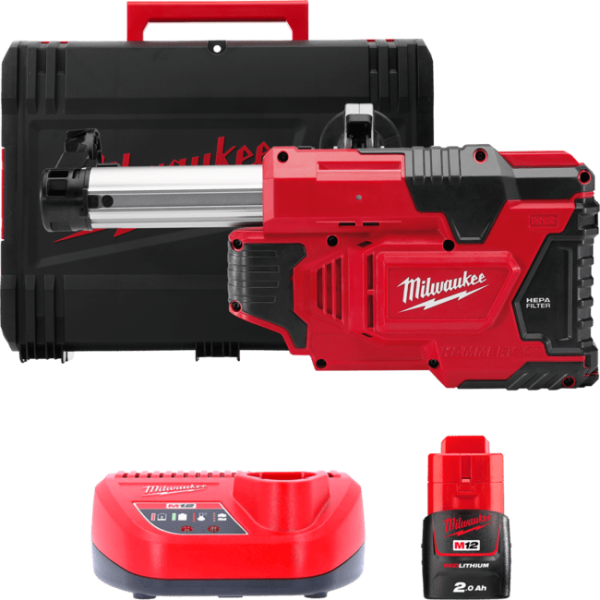Система видалення пилу для перфораторів акумуляторна MILWAUKEE, M12 DE-201X (зарядний пристрій С12 С, 1 акумулятор М12 В2 2Аг, H (4933443003)