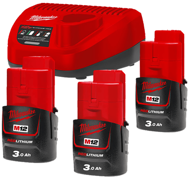 Енергокомплект Li-Ion MILWAUKEE, M12 NRG-303 (зарядний.пристрій С12, 3 акумумулятори В3 3Аг, картонне пакуванння) (4933459207)