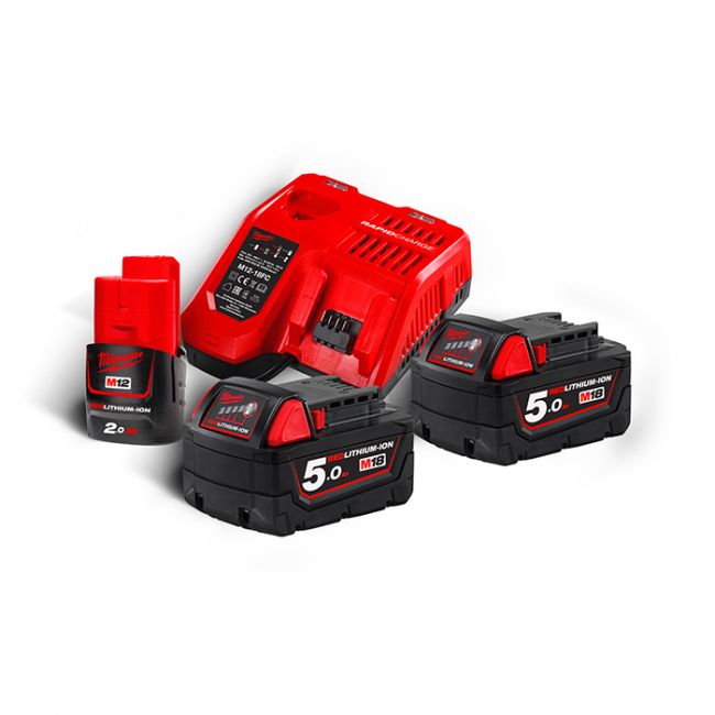 Енергокомплект Li-Ion MILWAUKEE, M18 NRG-502 (зарядний пристрій M12-18 FC, 2 акумулятори М18 В5 5Аг) + подарунок акумулятор M12 (4933459217)