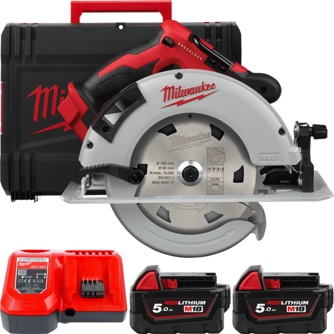 Пила дискова ручна аккумуляторна MILWAUKEE, M18 BLCS66-502X, діаметр 165мм (зарядний пристрій M12-18 FC, 2 акумулятори M18 B5 5А (4933464590)