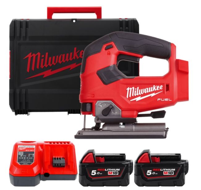 Лобзик акумуляторний MILWAUKEE, M18 FJS-502X (зарядний пристрій M12-18 FC, 2 акумулятори М18 В5 5Аг, аксесуари, HDкейс) (4933464727)