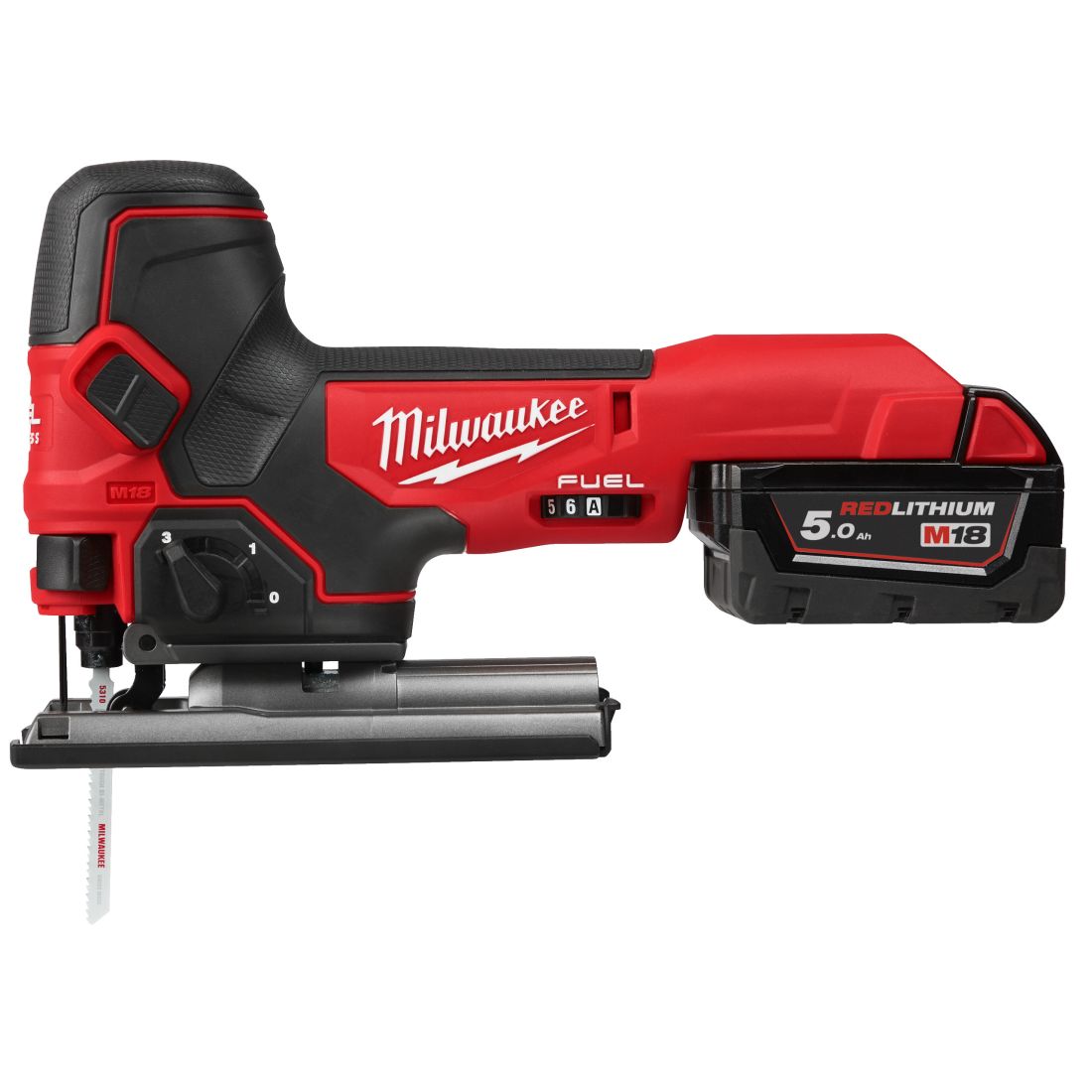 Лобзик акумуляторний MILWAUKEE, M18 FBJS-502Х (зарядний пристрій М12-18 FС, 2 акумулятори М18 В5 5Аг, аксесуари, HDкейс) (4933464800)