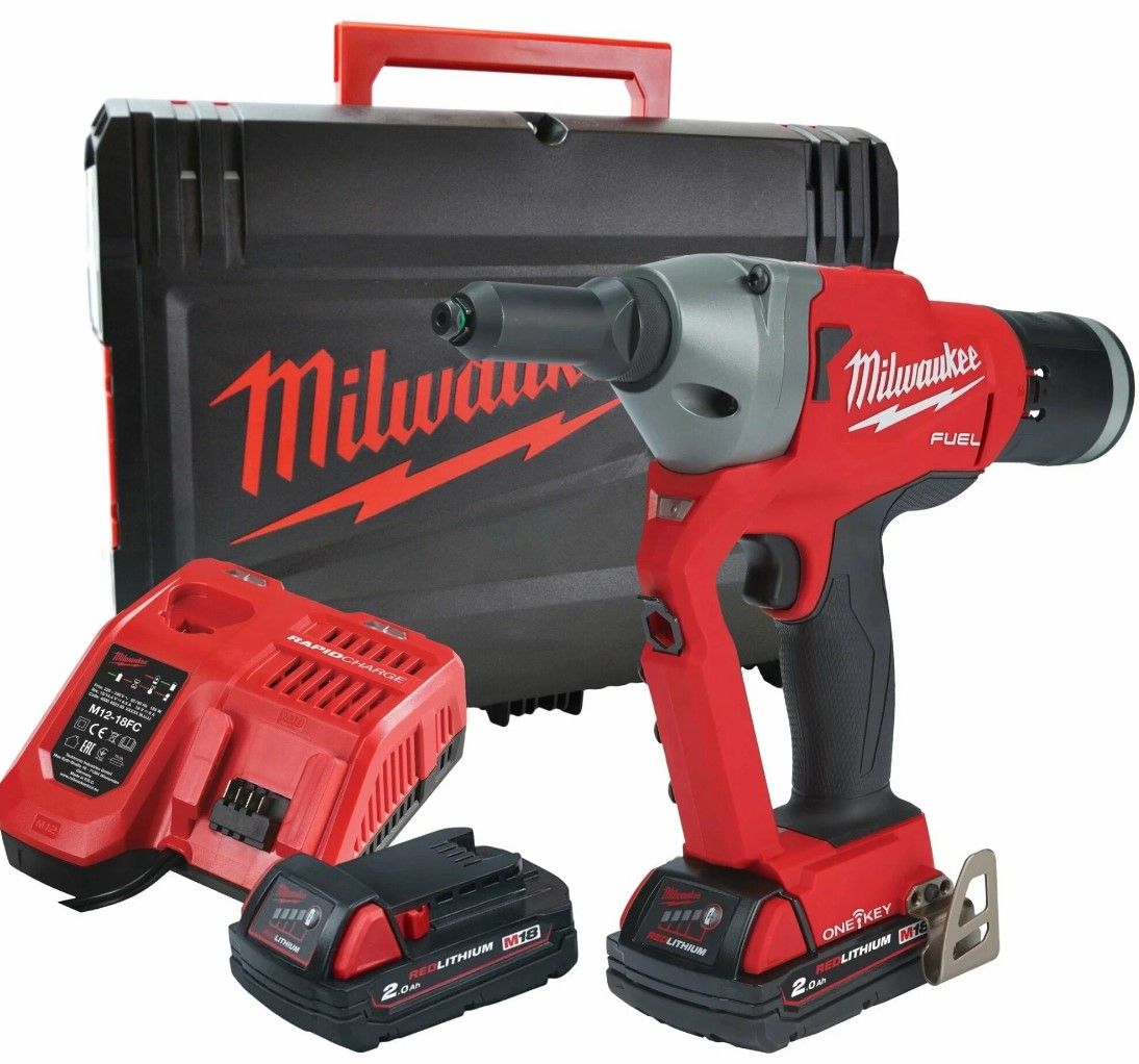 Заклепочник акумуляторний безщітковий MILWAUKEE M18 ONEFPRT-202X, діаметр заклепок 4,8-7,0мм (зарядний.пристрій М12-18 FC, 2 аку (4933478602)