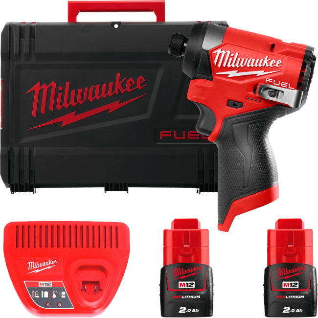 Шуруповерт ударний акумуляторний безщітковий 1/4'' HEX MILWAUKEE, M12 FID2-202Х, 170Нм (зарядний пристрій С12 С, 2 акумулятори М (4933479877)