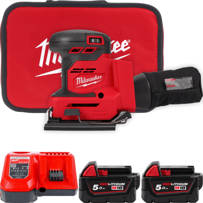 Шліфмашина вібраційна акумуляторна MILWAUKEE, M18 BQSS-502B, 113х104мм (зарядний пристрій М12-18 С, 2 акумулятори М18 В5 5Аг, су (4933479967)