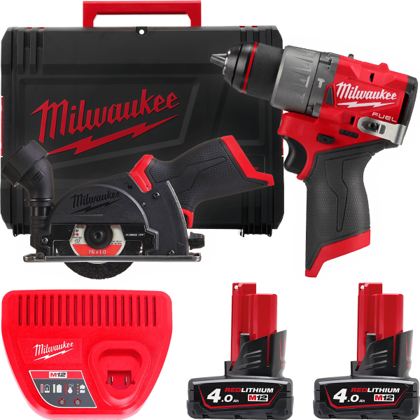 Набір акумуляторних інструментів M12FPP2G2-402X MILWAUKEE (дриль-шурупокрут M12 FUEL FPD2-0, шліфмашина відрізна M12 FUEL FCOT-0 (4933480592)