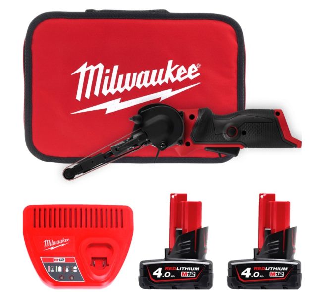 Шліфмашина стрічкова акумуляторна безщіткова MILWAUKEE, M12 FBFL10-402B, 10мм (зарядний пристрій С12 С, 2 акумулятори М12 В4 4Аг (4933480959)
