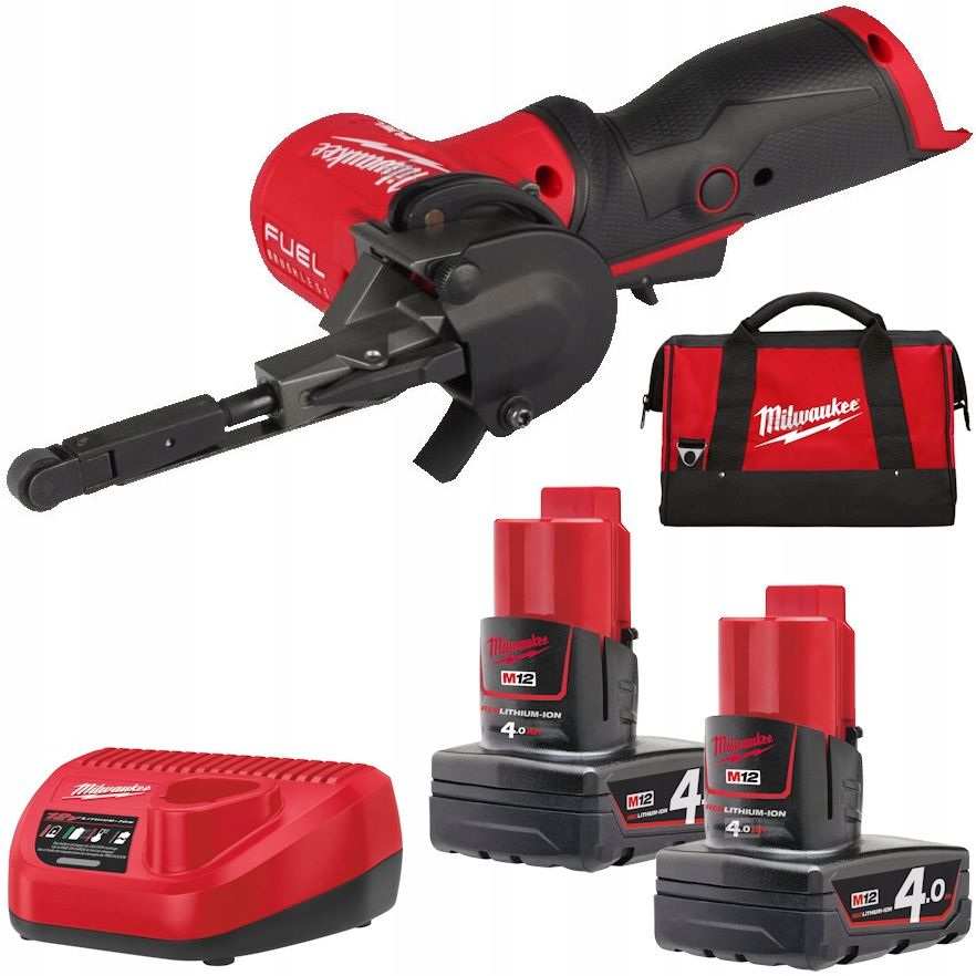 Шліфмашина стрічкова акумуляторна безщіткова MILWAUKEE, M12 FBFL10-402B, 10мм (зарядний пристрій С12 С, 2 акумулятори М12 В4 4Аг (4933480959)