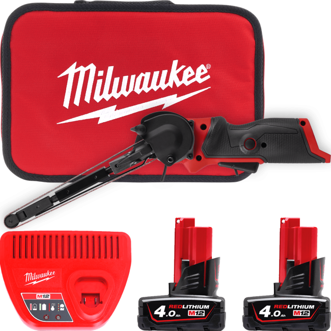 Шліфмашина стрічкова акумуляторна безщіткова MILWAUKEE, M12 FBFL13-402B, 13мм (зарядний пристрій С12 С, 2 акумулятори М12 В4 4Аг (4933480961)