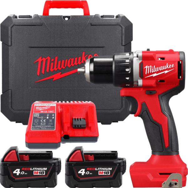 Дриль-шуруповерт акумуляторний безщітковий MILWAUKEE M18 BLDDRC-402C, 60,5Нм (зарядний пристрій М12-18 С, 2 акумулятори М18 В4 4 (4933492834)