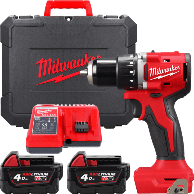 Дриль-шуруповерт акумуляторний безщітковий MILWAUKEE M18 BLDDRC-402C, 60,5Нм (зарядний пристрій М12-18 С, 2 акумулятори М18 В4 4 (4933492834)